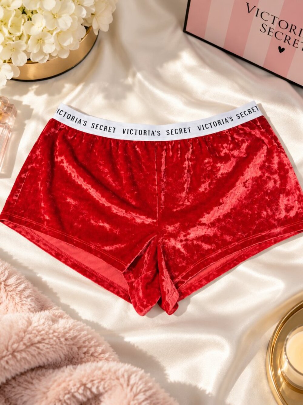 Victoriaβs Secret Red Crushed Velvet Logo Waistband Sleep Shorts Size S